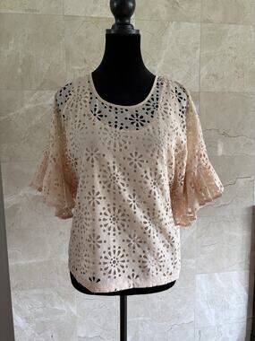 SEE BY CHLOÉ Laser-Cut Eyelet Crepe Blouse Top — XS Honey Nude Ruffle Coquette
